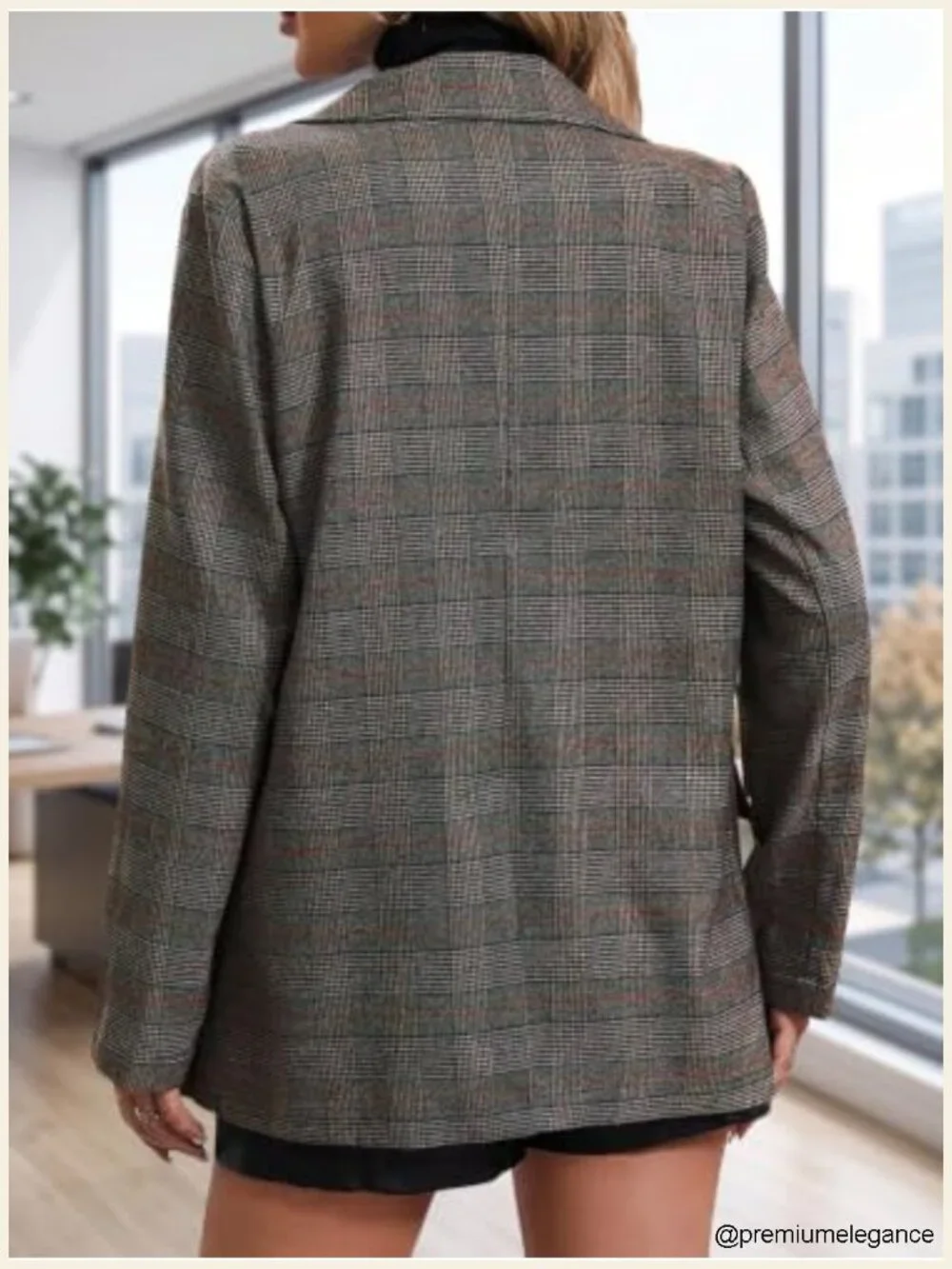 Plaid Houndstooth Blazer Double Breasted Notch Lapel Padded Shoulders Women’s